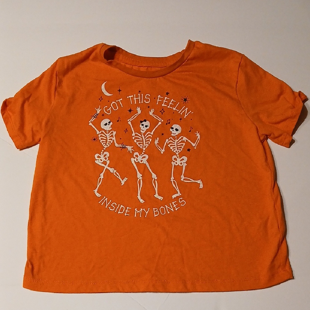 Orange Graphic Tee with Skeleton Design